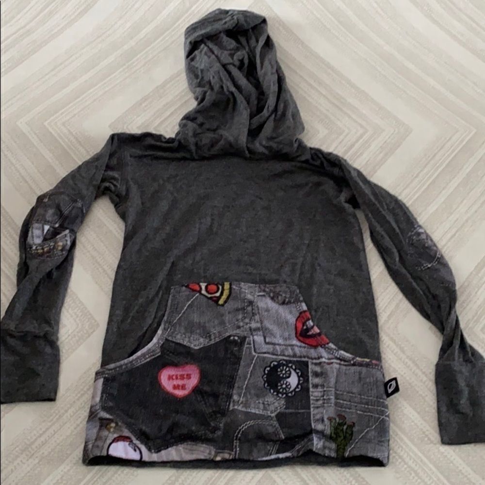 Terez Little Girls Grey Hooded Denim Print Top